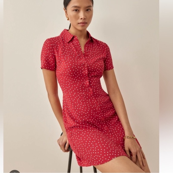 Reformation Noble Dress red white polka dot short sleeve button down size 8 - Picture 3 of 10